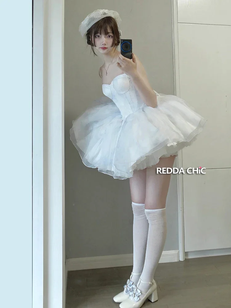 Фото IMU Lolita Princess Puffy Mini Dress Trailing Smock Shawl Petticoat Underskirt Organza Tutu Ball Gowns Women 3-piece Set №5