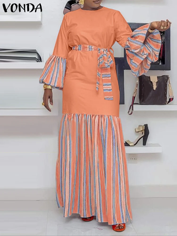 

VONDA Bohemian Sundress Women Striped Long Dress Autumn Long Lantern Sleeve Vintage Patchwork 2023 Casual Belted Maxi Robe Femme