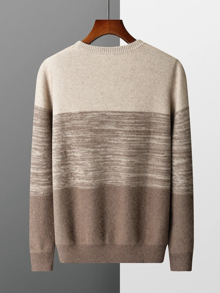 2023 Winter New Men's Round Neck Thickened 100% Cashmere Sweater Color Contrast Knitted Pullover