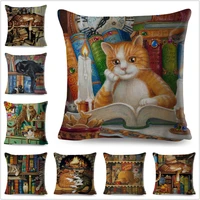 cute book cat party cushion cover decor cartoon animal pillowcase printing cojines polyester pillow case for sofa home 45x45cm