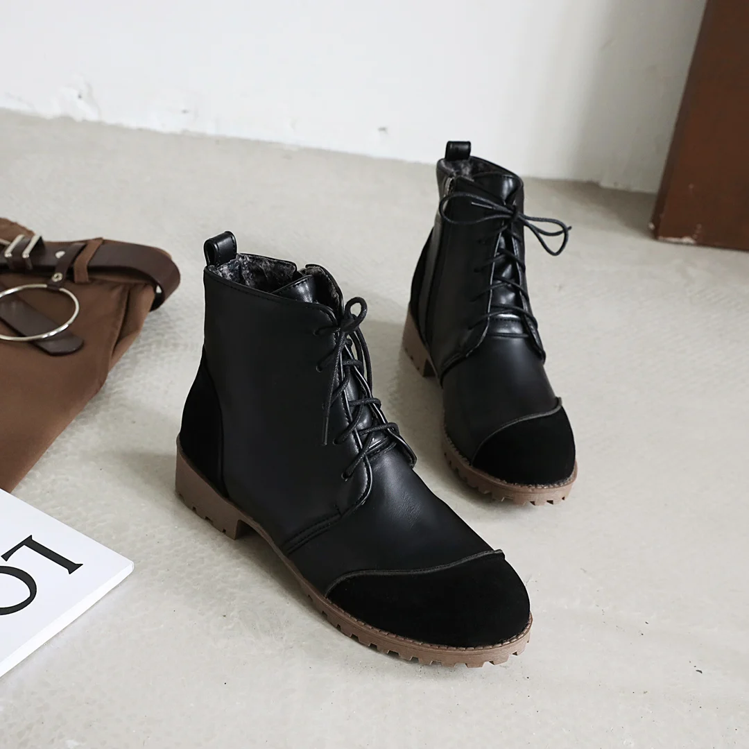 

PU Splicing Frosted Flock Cross Lace Up Flat Heel Thick Side Zipper Plush Inner Classic Vintage Women's Boots