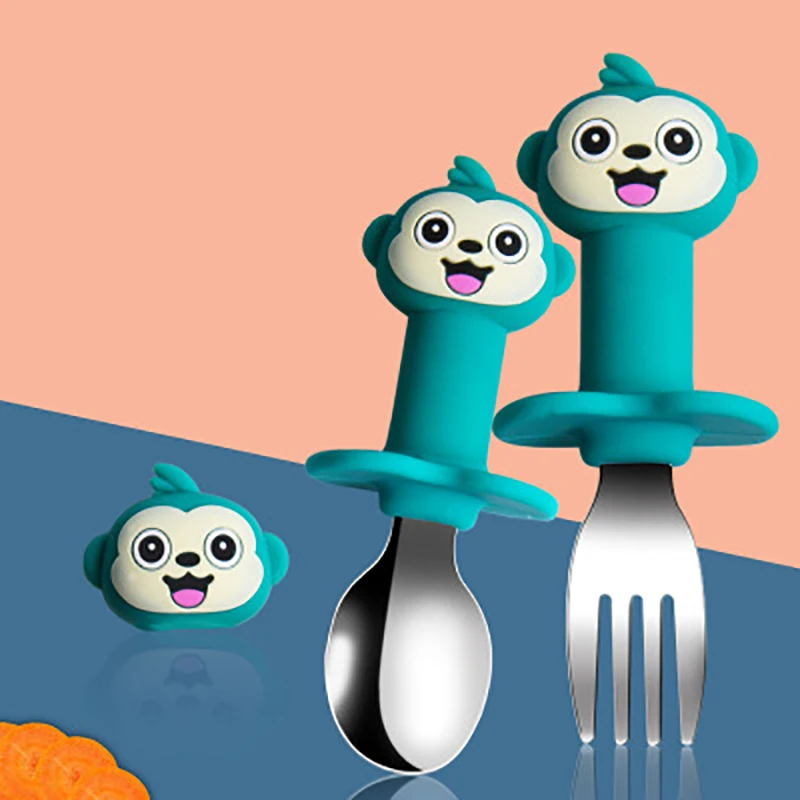 

Baby Cartoon Animal Spoon and Fork Children's Training Spoon Heat-resistant Silicone Stainless Steel Spoon and Fork Baby Things