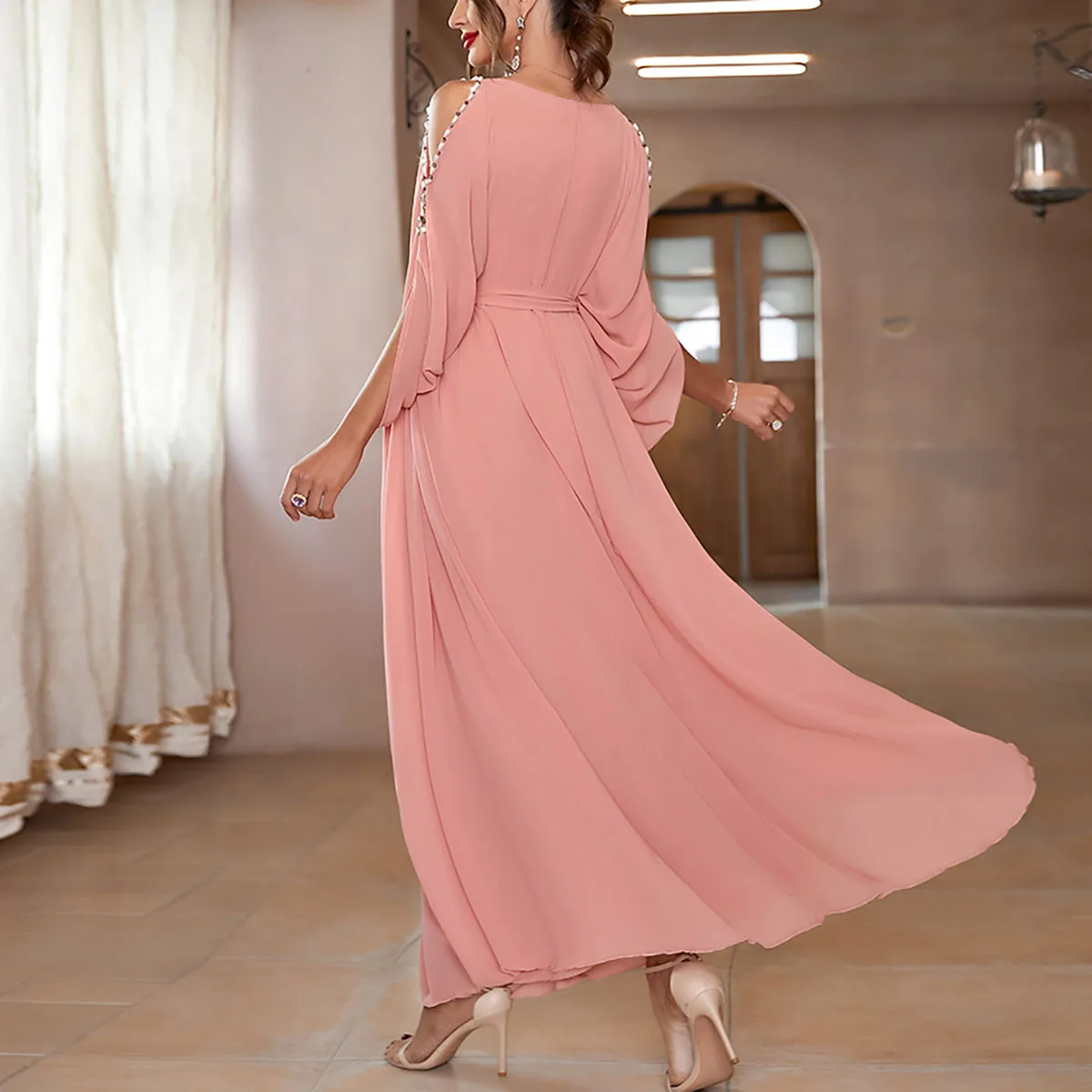 New In Off-Shoulder Spring & Summer Party Hand-Stitched Drill Large Swing Kaftan Dress