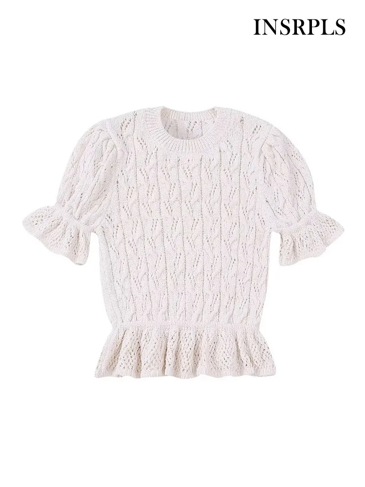 

INSRPLS Women Fashion With Ruffled Knit Crop Sweater Vintage O Neck Short Sleeve Female Pullovers Chic Tops