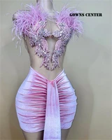light pink velvet prom dresses for black girls homecoming dress feathers party gown africa mermaid mini cocktail gowns robe