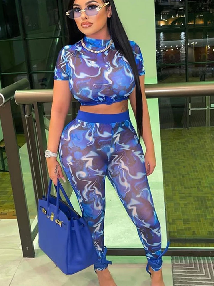 

Two Piece Set Women Swirl Print Outfits Sexy Short Sleeve Crop Top+High Waist Leggings Pencil Pants 2022 Spring Fall Y2K Clothes