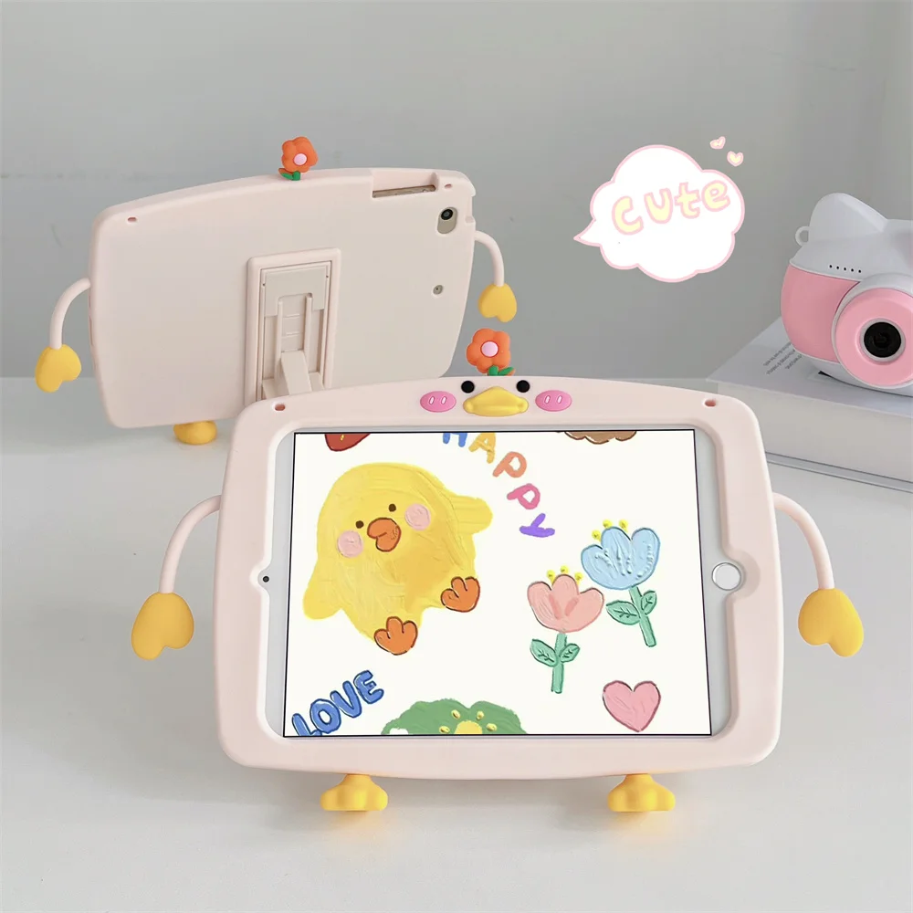

For iPad 10.2 Case For iPad 7th 8th 9th Cover 2019 2020 2021 Soft Silicone Cartoon Chick Kids Shockproof Stand Protective Shell