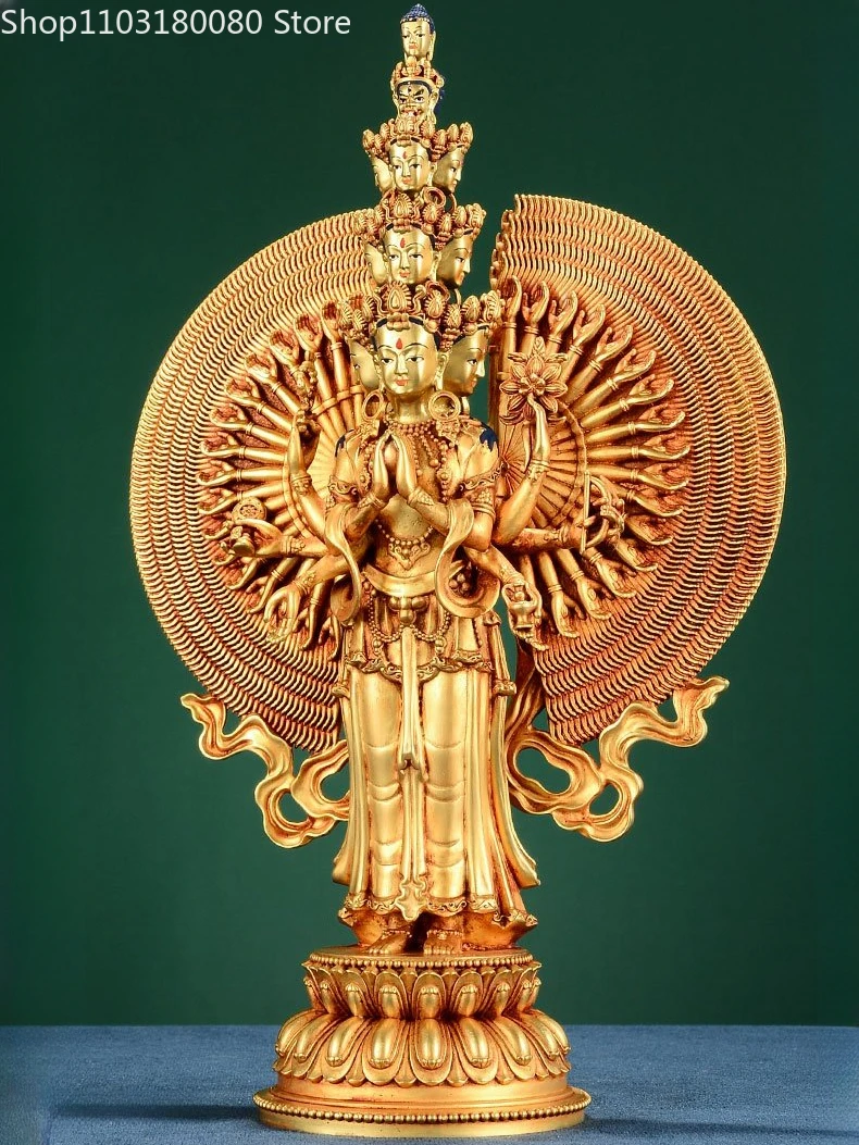 31 см Изысканная медная позолоченная резная искусственная кожа Тибет Кван-инь
