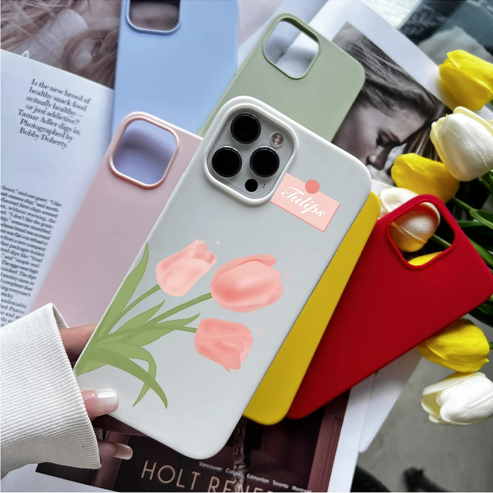 

Ins Tulip Flower Phone Case White for Iphone 6 6s 7 8 Plus Xr X Xs 11 12 13 Mini Pro Max Fundas Shell Covers Mobile Phone Bag