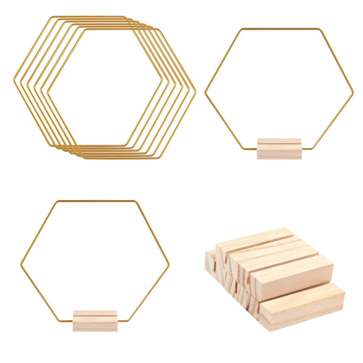 

Hexagonal Metal Floral Hoop Wedding Centerpieces Table Crafts Wooden Base Gold Wreath Hoop Macrame Party Decorations