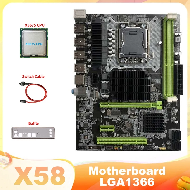 

Материнская плата X58 LGA1366, компьютерная материнская плата с поддержкой s DDR3 ECC ОЗУ, с поддержкой графической карты RX с ЦП X5675 + кабель переключа...