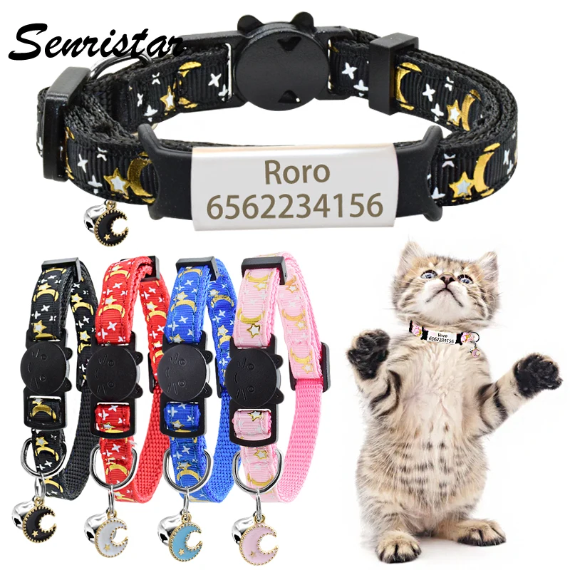 

Custom Nameplate Cat Collar Bell Personalized ID Name Tag Safety Adjustable Stars Moon Cat Collar Necklace Pet Kitten Cat Collar