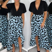 women dress summer high waist leopard printed dress women casual short ruffle sleeve v neck split ruffled irregular dress