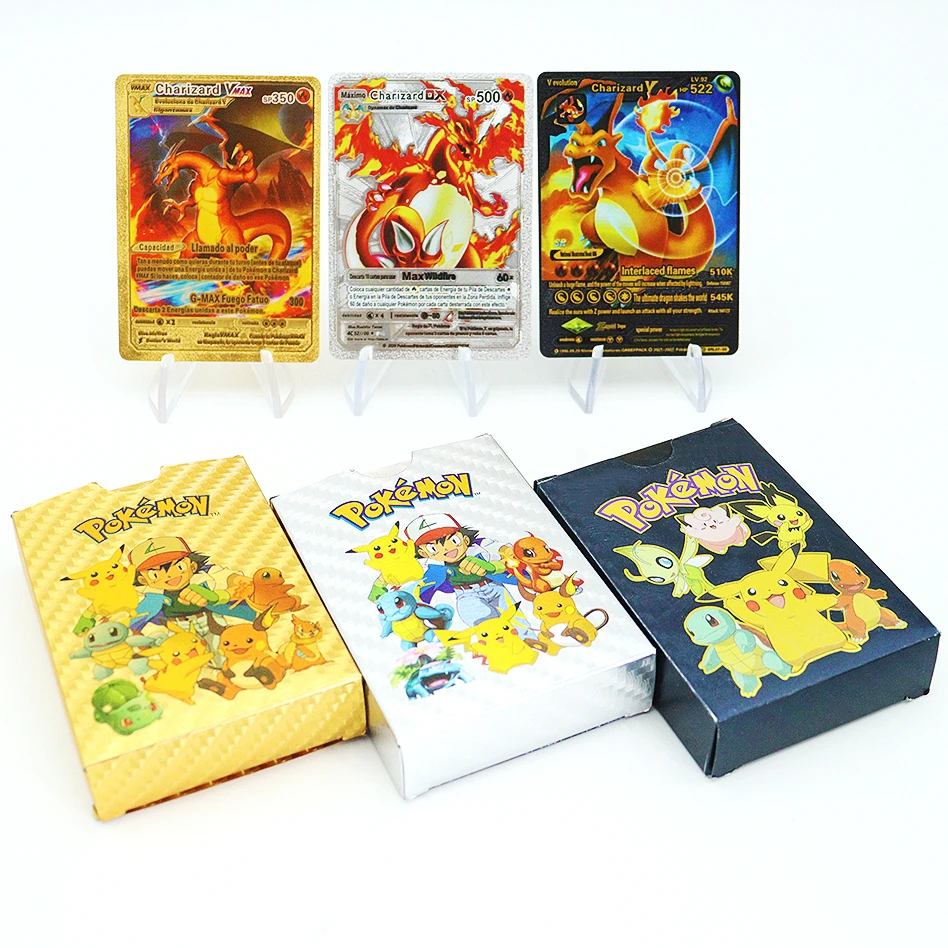 

27/55pcs Pokemon Cards Metal Gold Sliver Spanish Vmax GX Energy Card Charizard Pikachu Rare Collection Battle Trainer Boys Gift