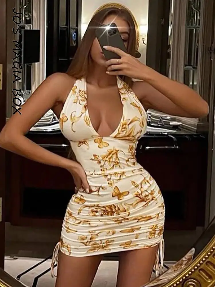 

Jo's Magia Box 2022 Summer Y2K Print Backless Bodycon Sexy Women's Mini Dress Halter V Neck Sleeveless Party Club Women Dresses