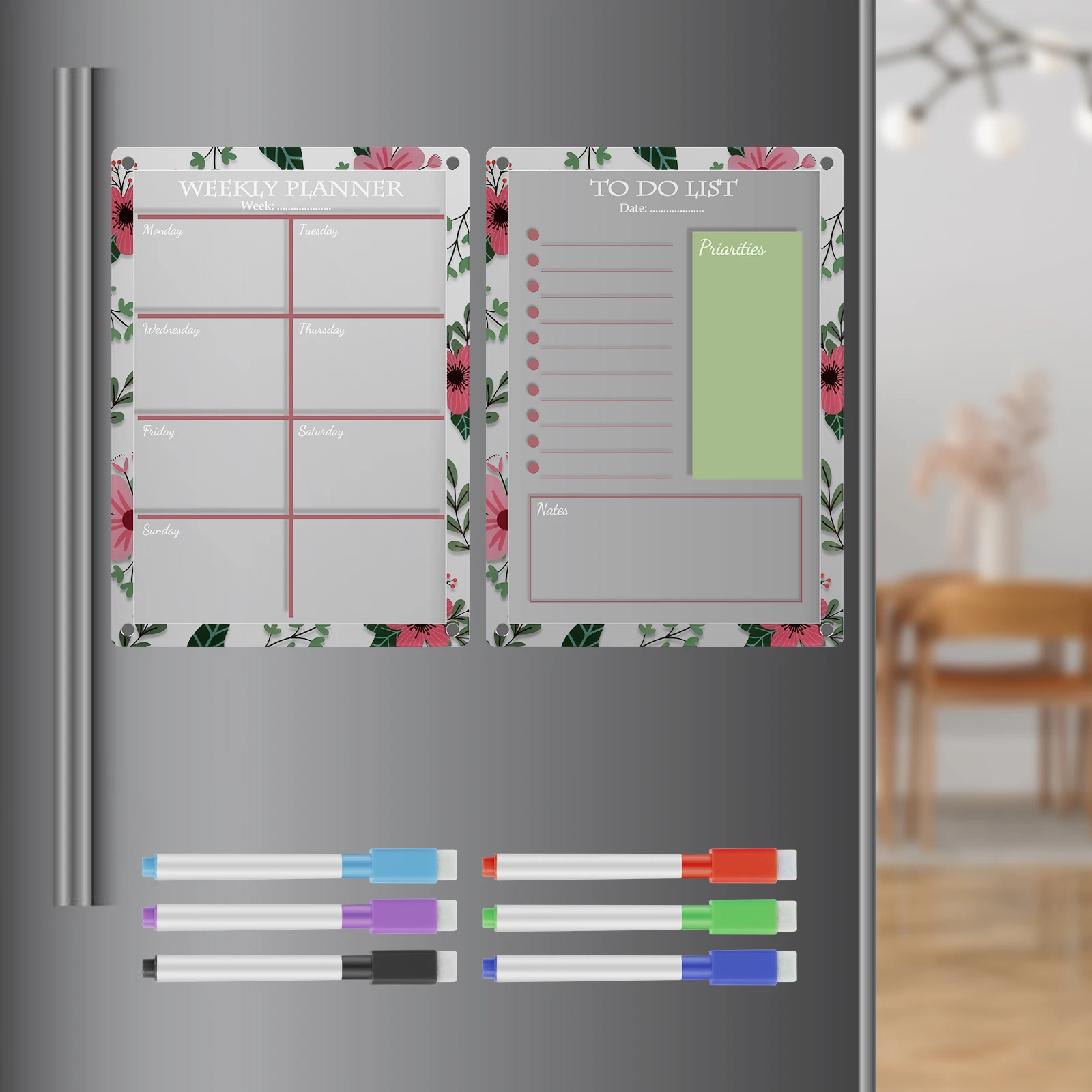 

2Pcs Acrylic Magnetic Calendar Clear Dry Erase Board Reusable Weekly Memo Calendar with 6 Markers Portable Fridge Planner Board