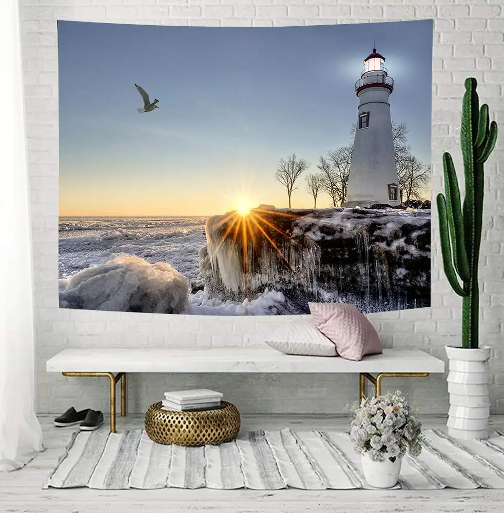 

Lighthouse Tapestry Nautical Ocean Waves Rocks Seaside In Sunset Tapestry Wall Hanging Art Decor for Bedroom Living Room Dorm