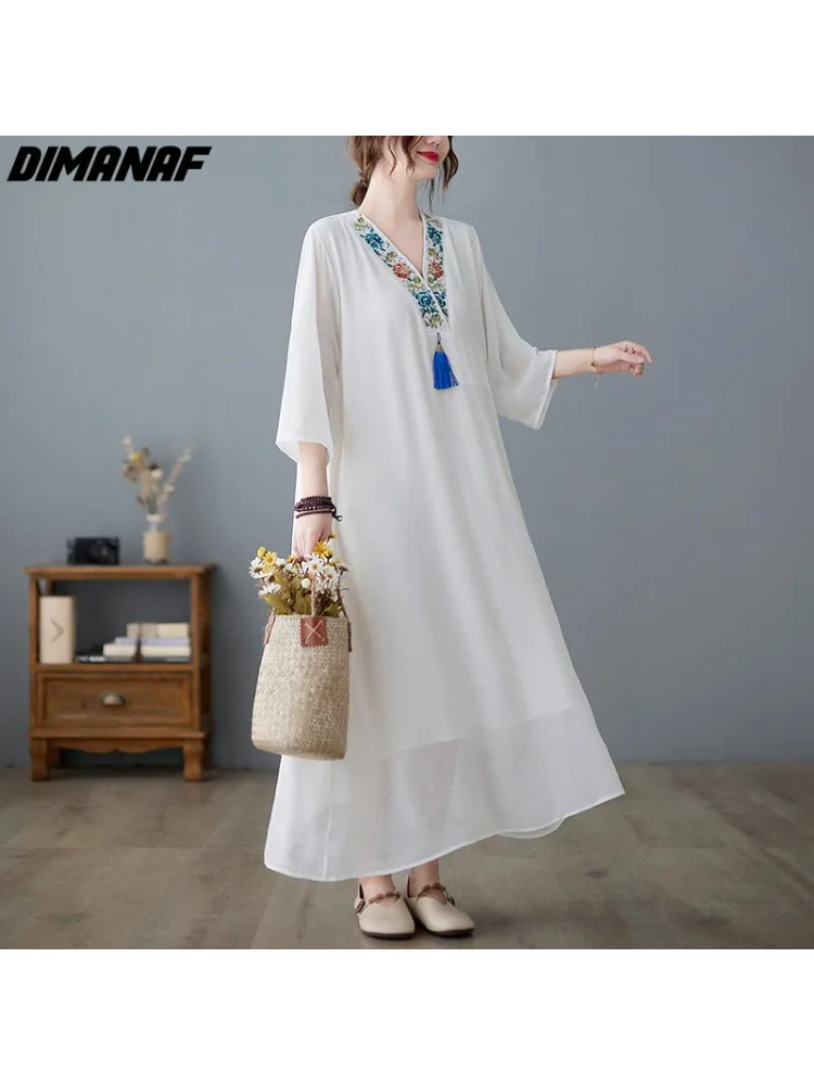 

DIMANAF Women Dress Summer Beach Sundress White V-Neck Linen Flowers Fashion Loose Casual Long Dress Oversize