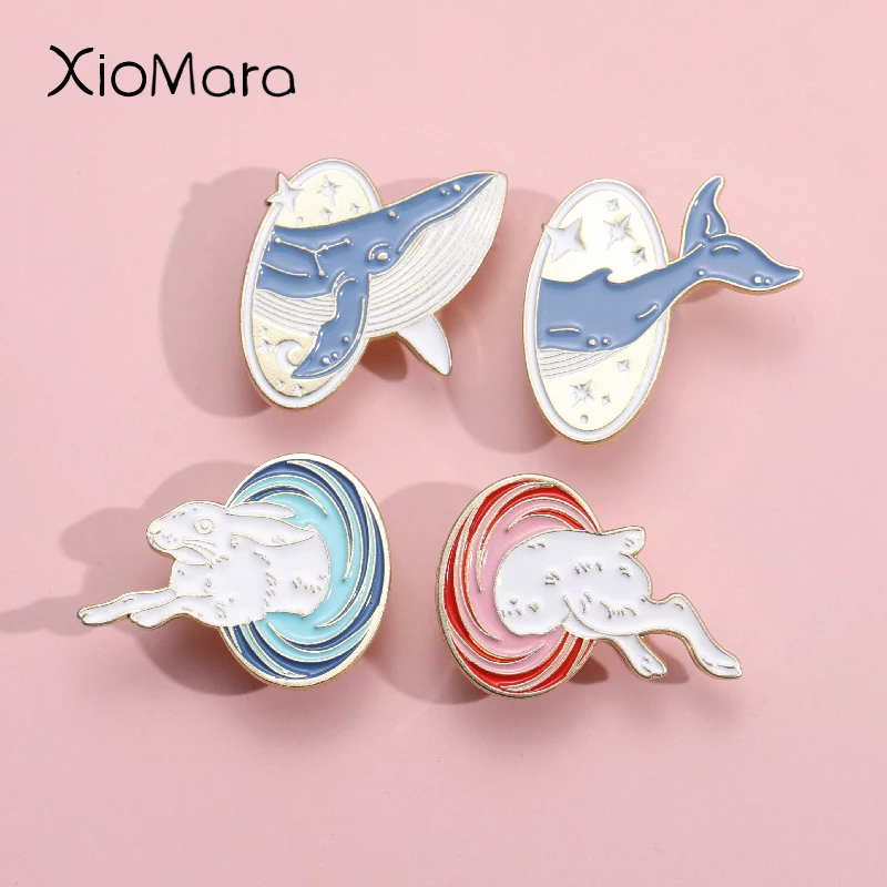 

Funy Animal Enamel Pins Custom Whale Rabbit Cat Symmetric Spacetime Brooches Lapel Badges Jewelry Gift For Couple Friends