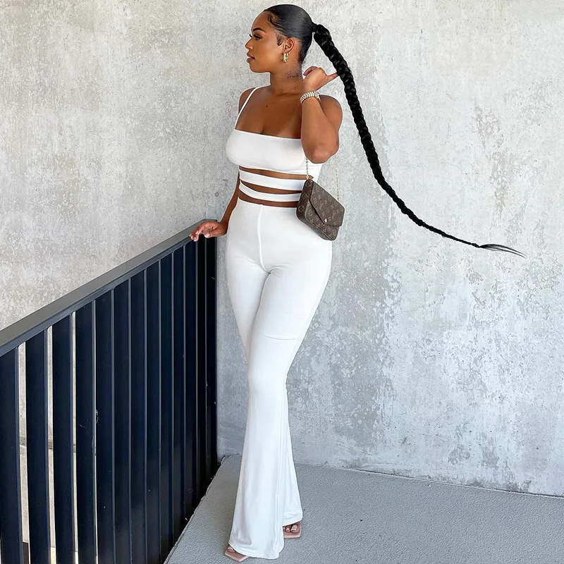 

Leisure Trousers Of Pure Color Tight Fitting Suit Hollow Out Halter Vest Straight Jane Two Suits Cover Ups For Swimwear Women