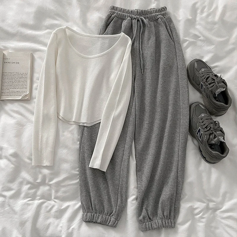 

Casual Fashion Pant Suit Women Two-piece Set White Long Sleeve Top + Wide Leg Pants Matching Suit