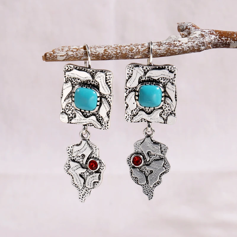 

Ethnic Square Blue Stone Drop Earrings Vintage Jewelry Silver Color Metal Carving Pattern Leaf Dangle Earrings for Women