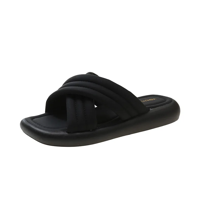 

Women High Quality Casual Fashion Cross-tied Slippers Female Solid Color Classical PU Soft Slides Daily Home Open-toe Flip Flops