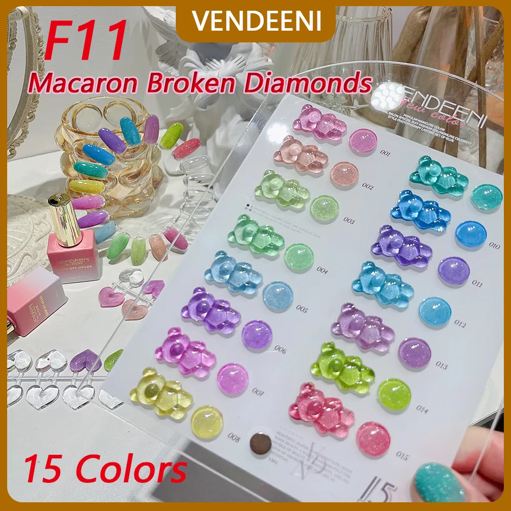 Vendeeni 15 Colors/Set Macaron Broken Diamonds Gel Nail Polish Semi Permanent Glitter Reflective UV LED Soak Off Gel Varnish