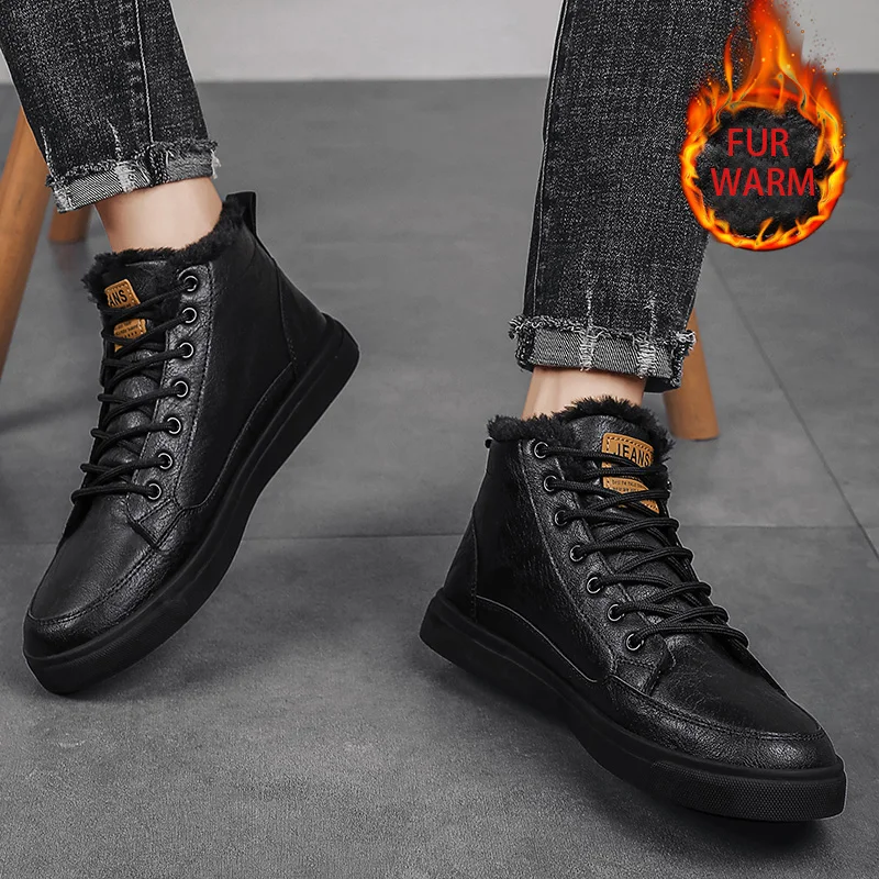 

Fujeak Winter New Men's High-Top Simple Temperament Leisure Leather Shoes for Man Boots Light Weight British Wild Trendy Shoes