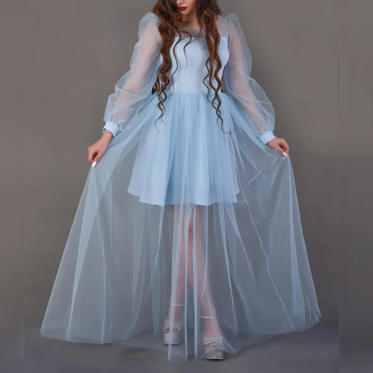 

Лето 2022, женское тонкое привлекательное прозрачное длинное банкетное платье из газовой ткани с рукавами-фонариками