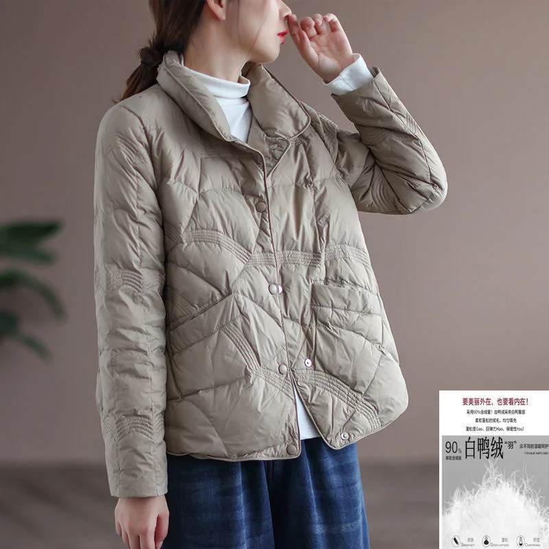 

Winter Women's 90 White Duck Down Jacket with Dark Button Stand Collar Auspicious Cloud Embossed Korean Style Warm Jacket