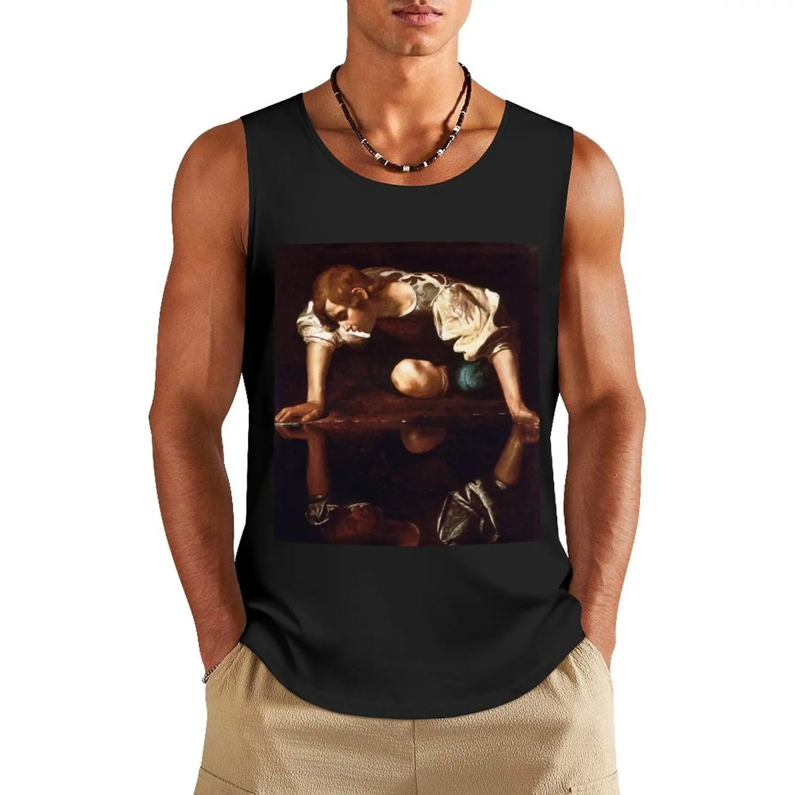 Мужская футболка без рукавов Narcissus by Caravaggio (1599) спортивная одежда для спортзала