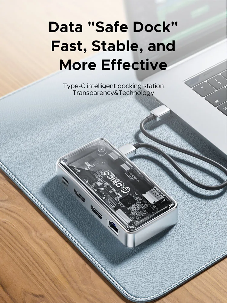 Фото Док-станция ORICO Transparent USB C MST с поддержкой трех дисплеев 4K@60Hz, USB3.2 Gen2 10Gbps, Ethernet 2.5G, PD100W, многопортовый адаптер №3
