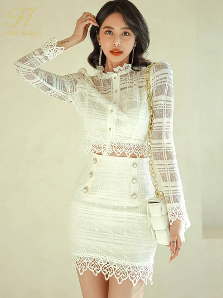 Лето 2023 новый костюм юбка кружевные ажурные топы и двубортная облегающая