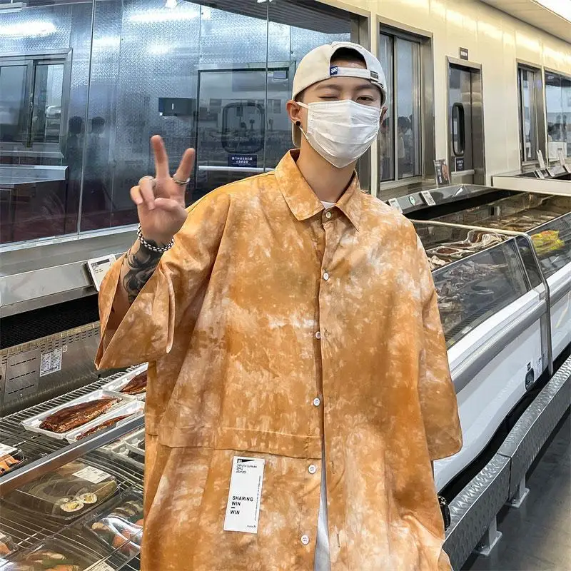 2023 new Summer Men's Oversized Two Piece Set Casual Shirt And Shorts Set Male Loose Fashion Tie Dye Short Sleeve Holiday Suits