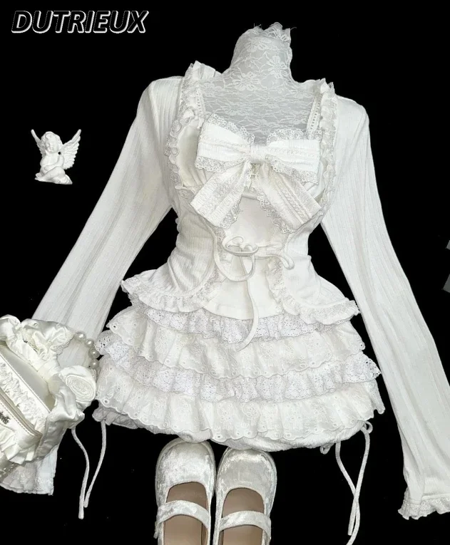 Японский готический стиль сладкий топ с бантом подтяжки и рюшами кружевной