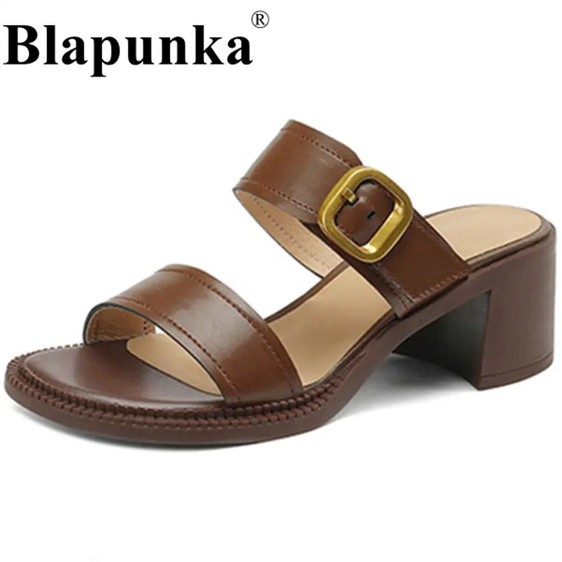 

Blapunka Women Genuine Leather Slippers Outside Chunky Heels Buckle Slides Summer High-heeled Mules Ladies Beige Sandals Size 41