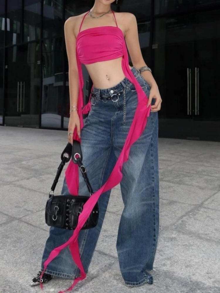 

Sexy Ruffle Streamer Mini Top Y2K Clothes Sleeveless Backless Lace Up Halter Vintage Crop Top Women Vacation Streetwear