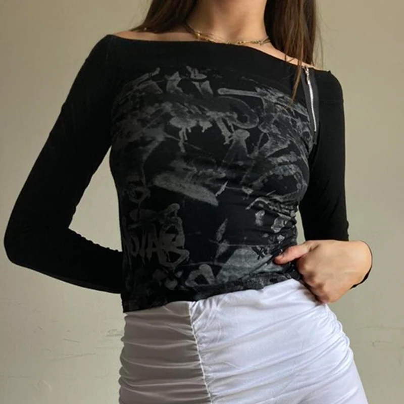 

Female Pullover Printed Patterns Boat Neck Long Sleeve Close-Fitting Tops For Spring Autumn Black Fashion Skin Friendly S M L