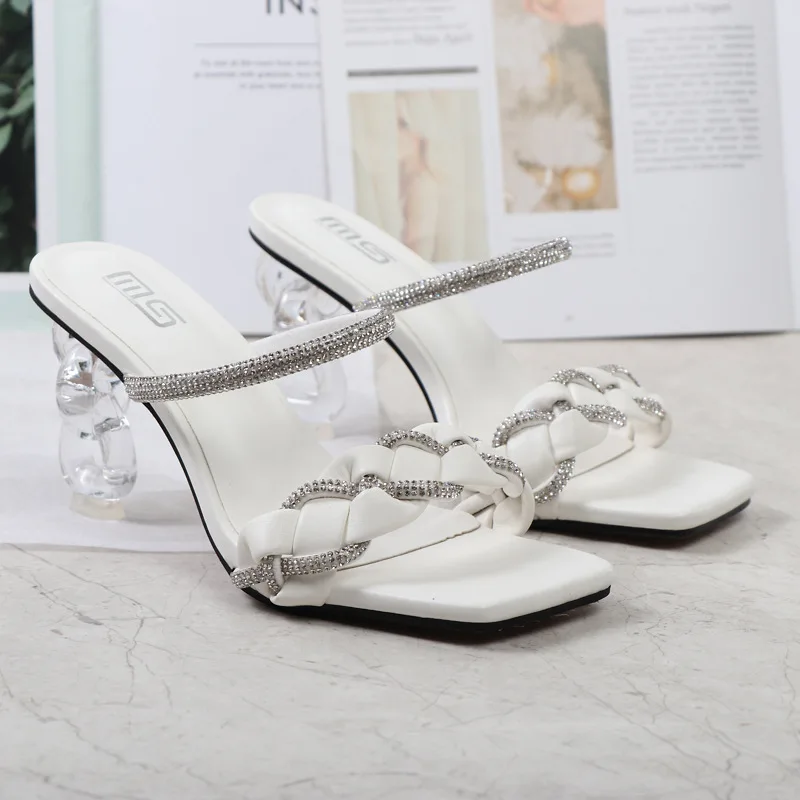 Women High-Heeled Sandals Summer New Rhinestone Hand-woven with Crystal Heel Sandals Fashion Sexy Women's Slippers 8CM