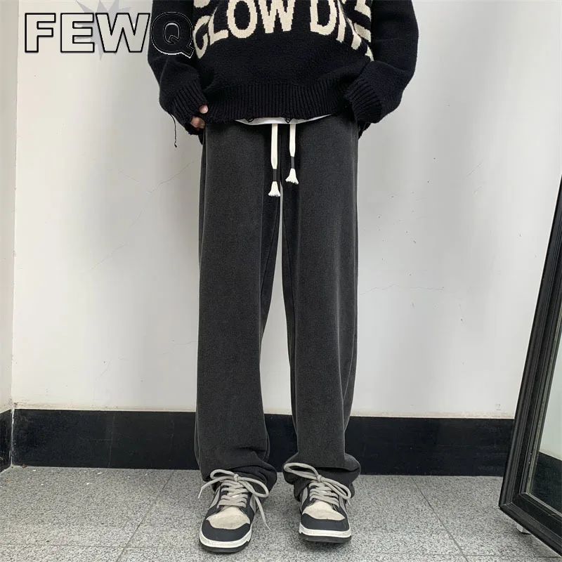 

FEWQ Drawstring Men's Casual Pants Solid Color High Street Vintage Straight Male Trousers Wide Leg 2022 Auutmn Tide New 24B484