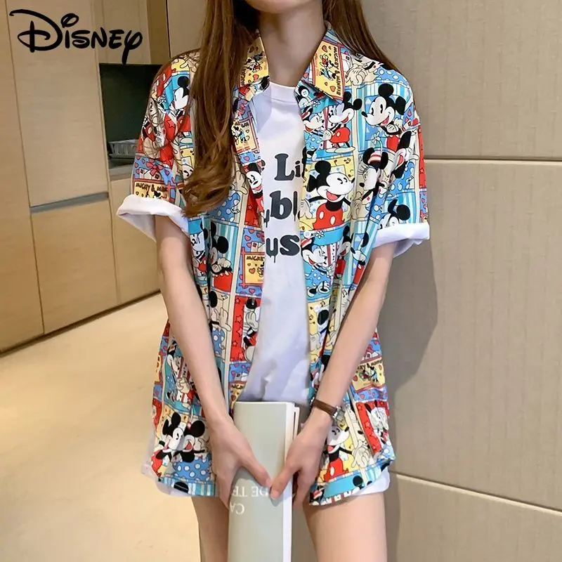 

Disney Funny Mickey Women Short Sleeve Shirt Summer New Loose Cartoon Print Couples Cardigan Tops Retro Aesthetics Thin Clothes