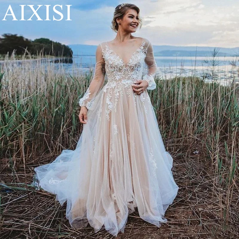 

Aixisi Luxury Wedding Dress Vestidos De Novia Robe De Mariee A-Line Lace Appliques V-neck Long Sleeve Backless Illusion