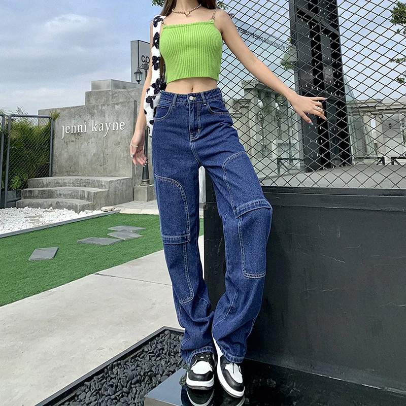 

Street Fashion Mid-Seam Splice Jeans Women Indie Aesthetics Mid Waist Straight Pant 2021 Spring Autumn Vintage Y2k Trousers Blue