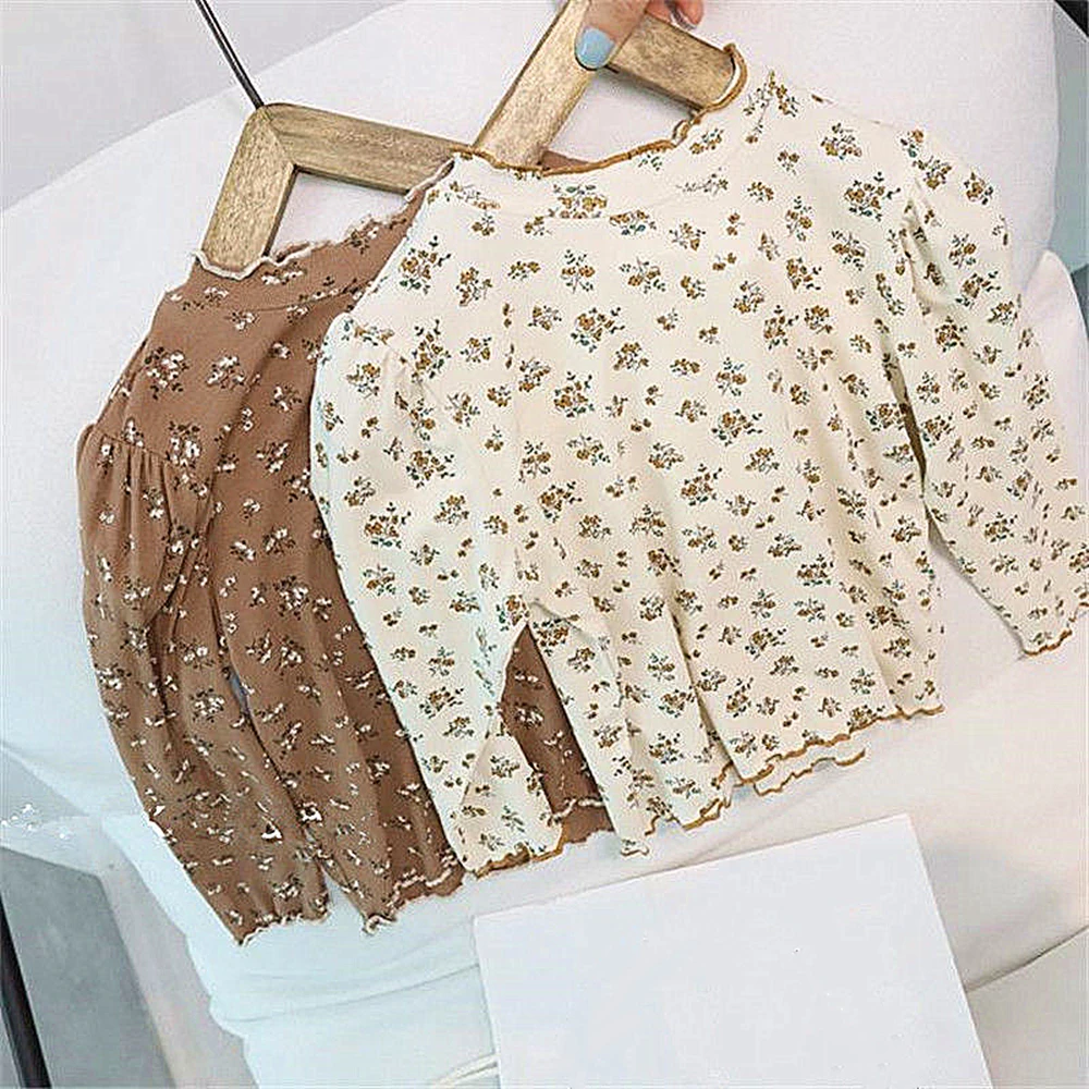 

2021 Autumn New Baby Girls Floral Long-sleeved T-shirt Blouse Corduroy Base Shirt Toddler Base Tops Puff Sleeve Baby Clothing