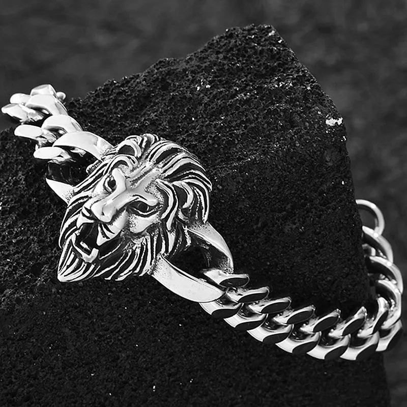 HNSP 12MM Stainless Steel Hand Chian Lion King Head Bracelet For Men Male Domineering Punk Gothic Style Jewelry Wholesale