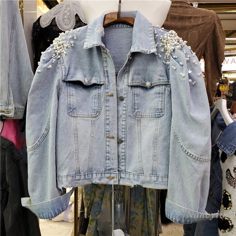 

Women's Jacket Spring 2022 New Beads Puff Sleeve Denim Short Coat Femme Loose Personality All-Matching Outwear Top