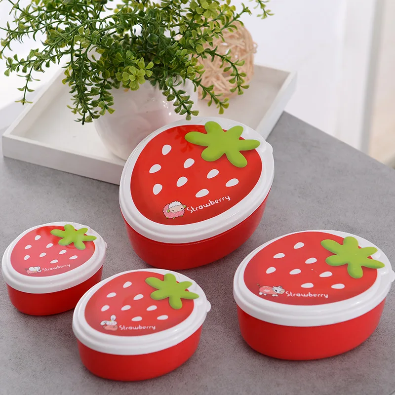 

4pcs/Set Strawberry Cartoon Cute Kids Student Bowl Food Container Plastic Children Lunch Box Small Travel Camping Bento Box