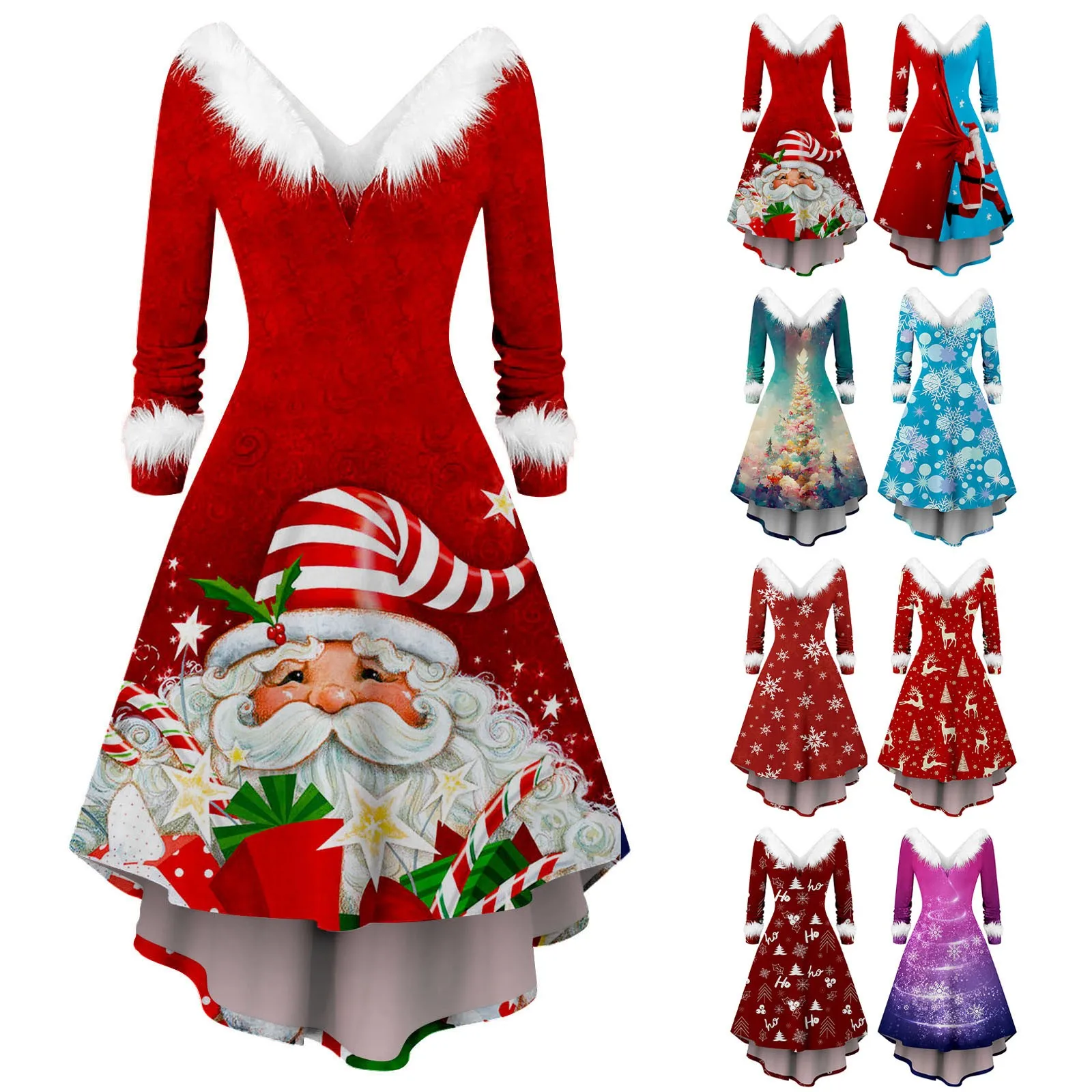 

Women's Christmas Costumes Party Dress V Neck Fur Collar Santa Claus Print Long Sleeves Vintage Xmas Party Flowy Elegant Dress