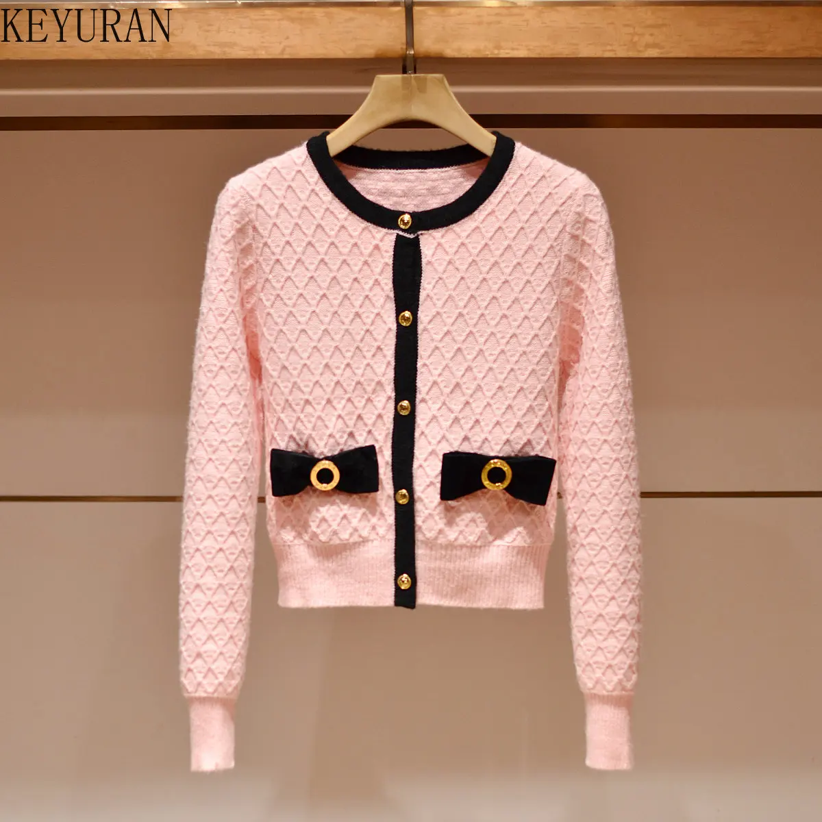 

Женский винтажный свитер с узором ромбиками, розовый/белый Укороченный кардиган с длинным рукавом, вязаный Топ, Y2K, весна